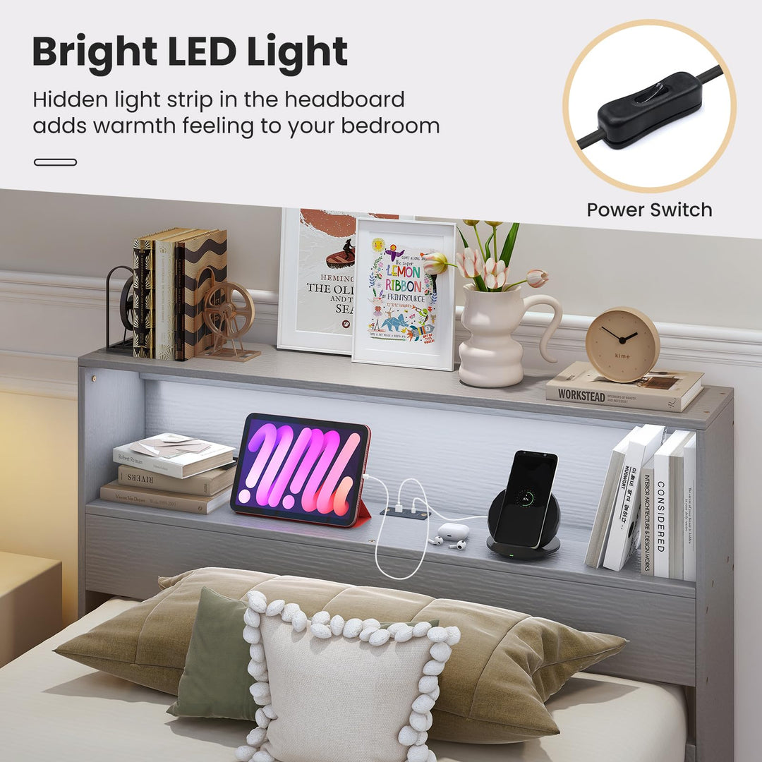 Giantex Twin Bed Frames with Storage Headboard, Wood Platform Bed with Charging Station &amp; LED Light