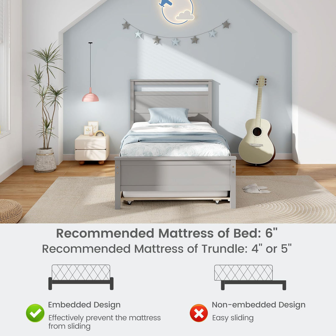 Giantex Trundle Bed Twin, Wood Day Bed Frame with Headboard &amp; Footboard