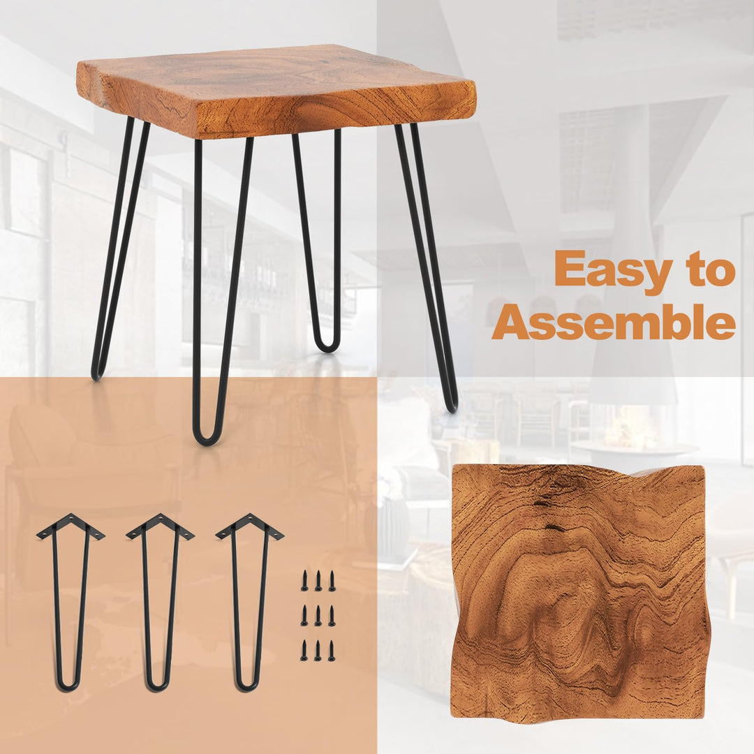 Giantex Teak Wood End Table, Solid Live Edge Outdoor Side Table w/Natural Grain &amp; Heavy-Duty Metal Legs