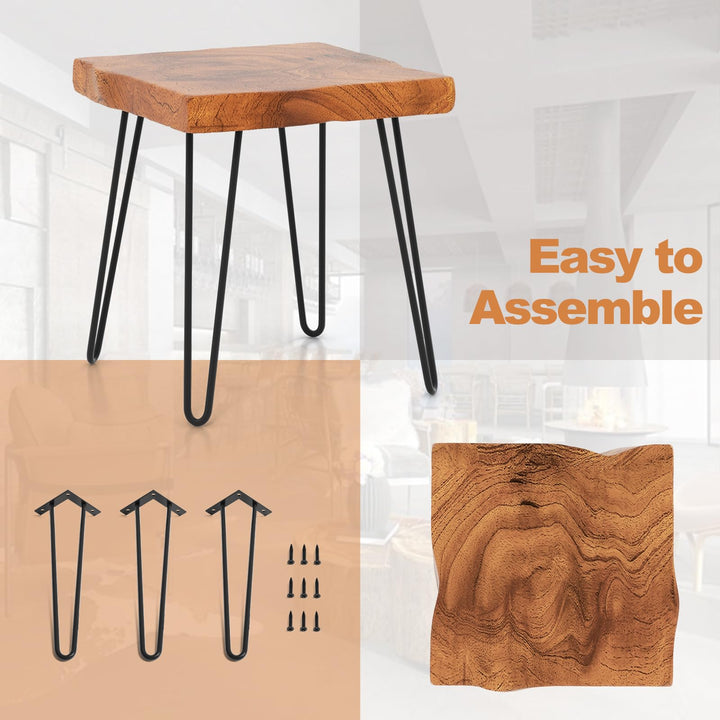 Giantex Teak Wood End Table, Solid Live Edge Outdoor Side Table w/Natural Grain &amp; Heavy-Duty Metal Legs
