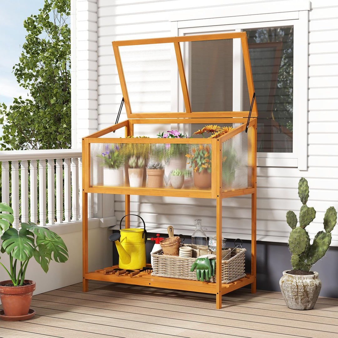 Giantex Wood Cold Frame Greenhouse with Transparent Openable Roof &amp; Slatted Shelf