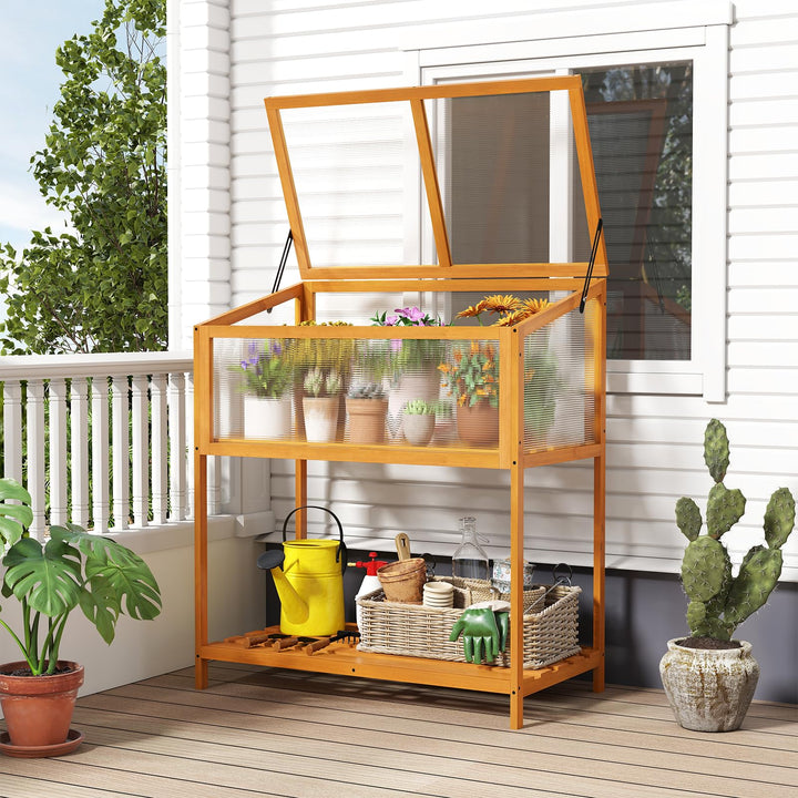 Giantex Wood Cold Frame Greenhouse with Transparent Openable Roof &amp; Slatted Shelf