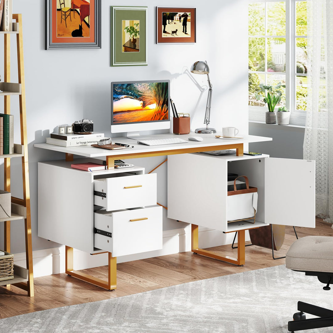 Giantex Computer Desk with Drawers &amp; Cabinet, 51” Long Home Office Desk with Floating Desktop &amp; Metal Frame