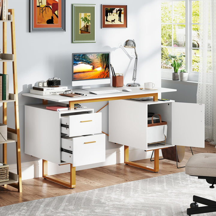 Giantex Computer Desk with Drawers &amp; Cabinet, 51” Long Home Office Desk with Floating Desktop &amp; Metal Frame