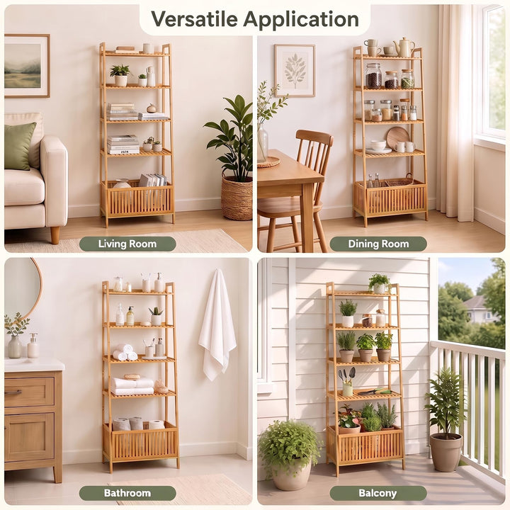GIANTEX 66" 5-Tier Bamboo Plant Stand Ladder Shelf with Storage Basket