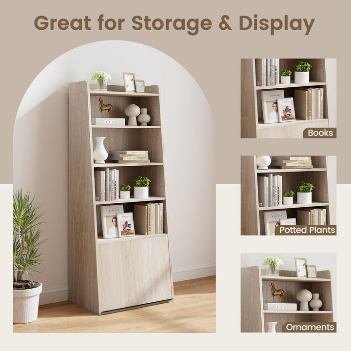 Giantex 6-Tier Bookcase, Freestanding Ladder Bookshelf with 2 Adjustable Shelves &amp; Flip Up Door