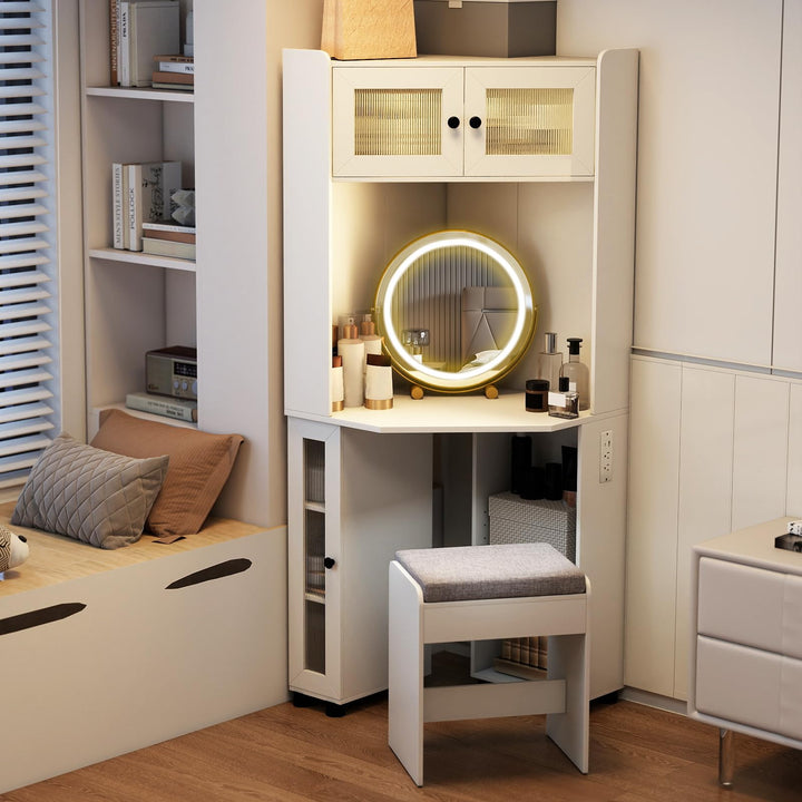 CHARMAID Corner Vanity Desk with LED Mirror &amp; Lighted Fluted Cabinet