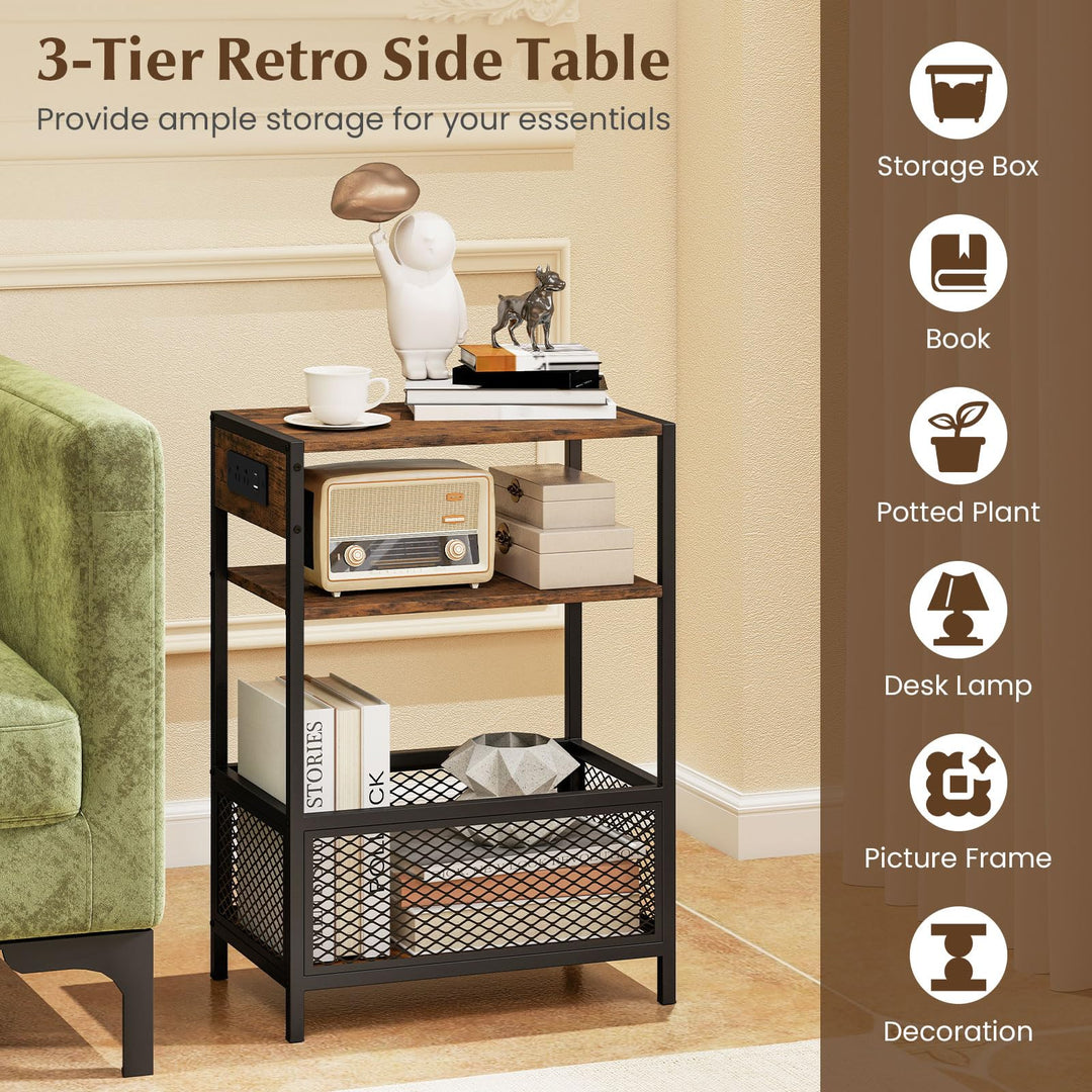 Giantex 3-Tier End Table w/Metal Mesh Compartment &amp; 2 AC Outlets (1/2)