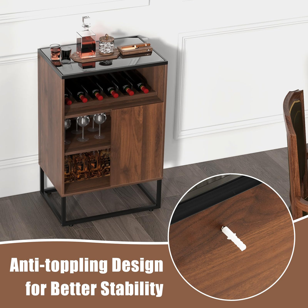 Giantex Wine Bar Cabinet, Small Sideboard Buffet Cabinet with Tempered Glass Top, Adjustable Feet &amp; Shelf, Sliding Door