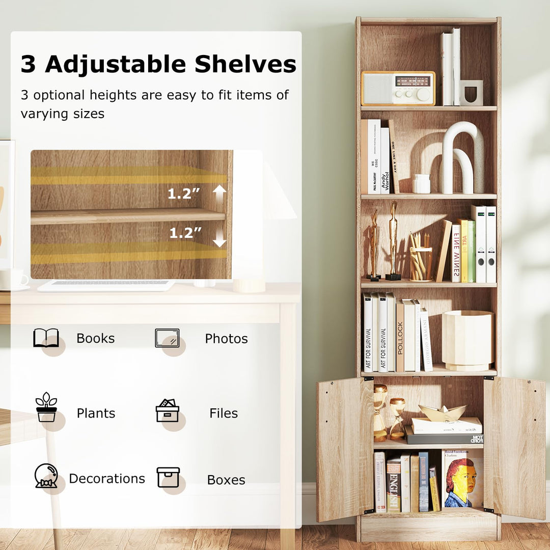 Giantex 6-Tier Bookshelf with Double Doors, 71" Tall Bookcase w/ 4 Open Cubes &amp; 3 Adjustable Shelves