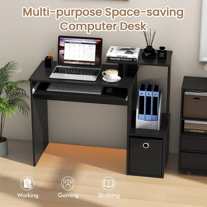 Giantex Computer Desk with Keyboard Tray, Compact Home Office Desk with Fabric Drawer &amp; Storage Shelf