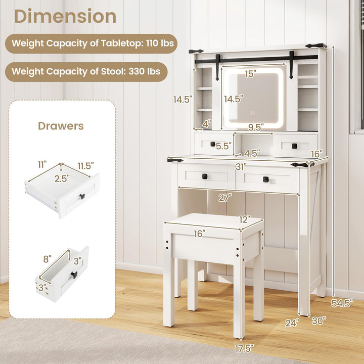 CHARMAID Farmhouse Vanity Desk with Drawers &amp; Shelves, Rustic Vanity Dressing Table with Stool (31" Wide,White)