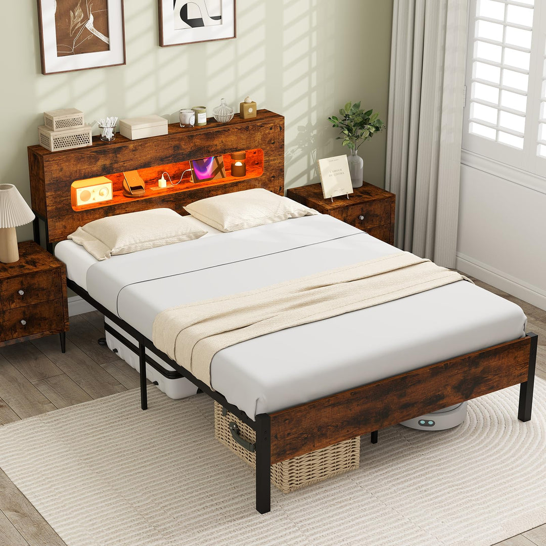 Giantex Full Size Bed Frame with LED Lights &amp; Charging Station