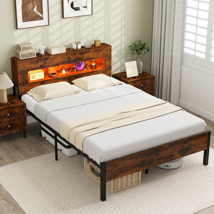 Giantex Full Size Bed Frame with LED Lights &amp; Charging Station