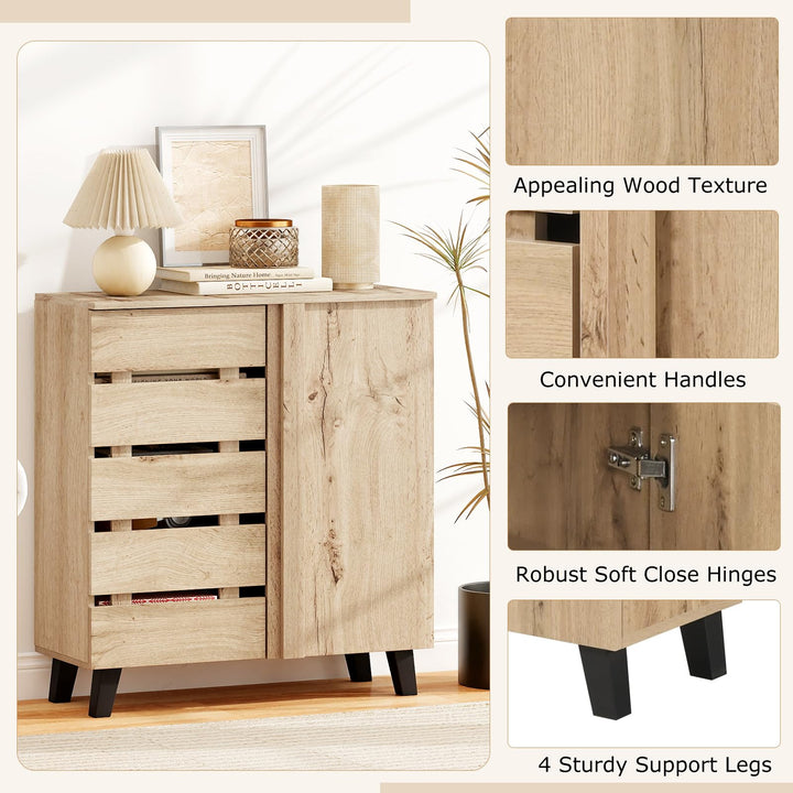 Giantex 4-Tier Farmhouse Shoe Rack Cabinet with 2 Slatted Doors &amp; Removable Shelves
