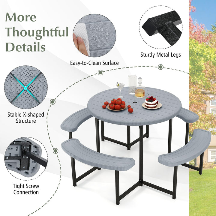 Giantex Round Picnic Table Bench Set with 4 Benches and Umbrella Hole for Patio Lawn