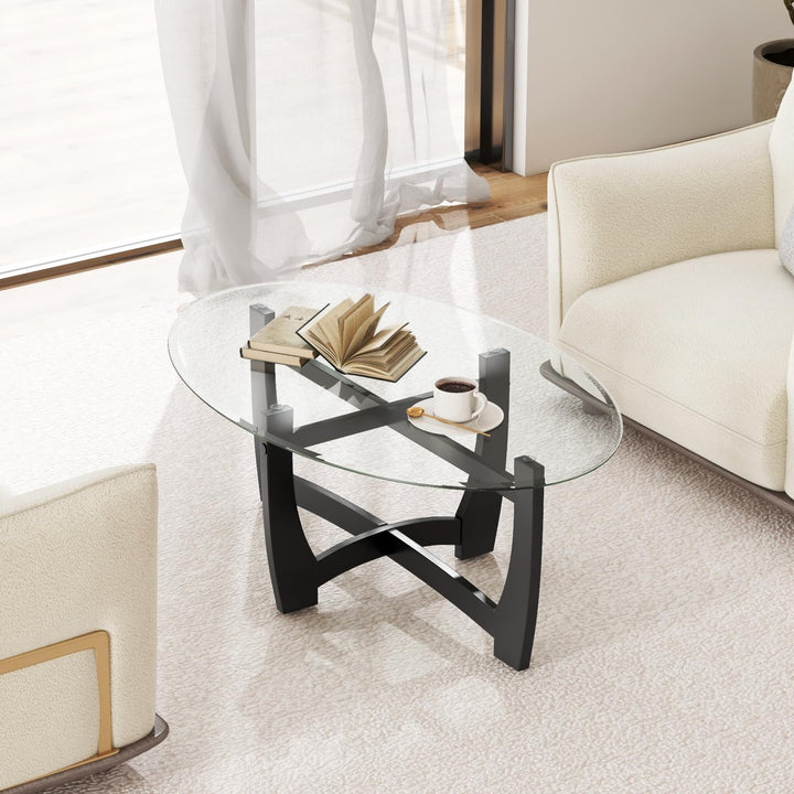 Giantex Glass Coffee Table, 48" Oval Accent Tea Table with Tempered Glass Top &amp; Solid Wood Structure
