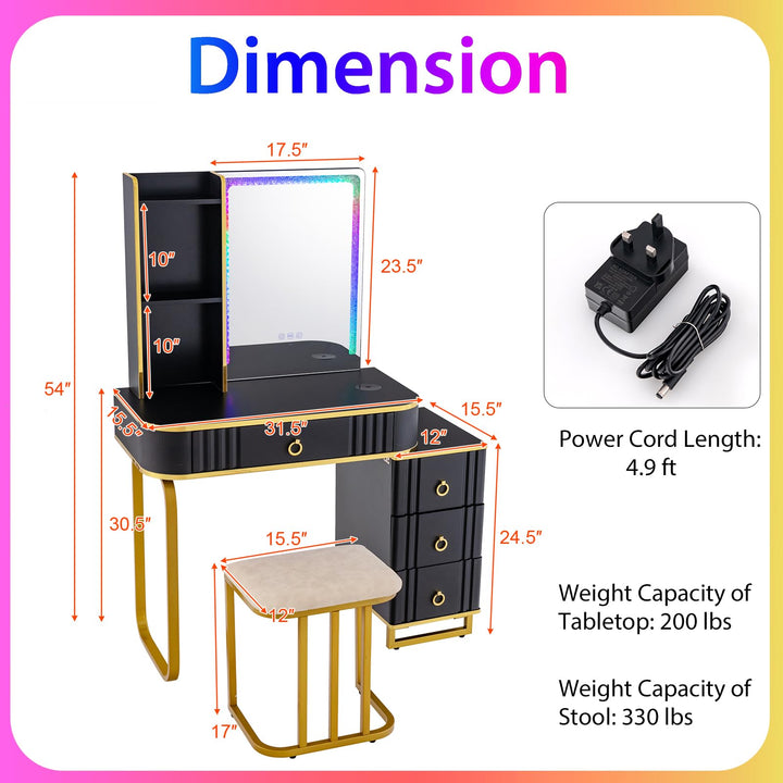 CHARMAID RBG LED Makeup Vanity Table, Colorful Lighted Mirror, 7 Dynamic &amp; 7 Static Modes, 3-Drawer Chest