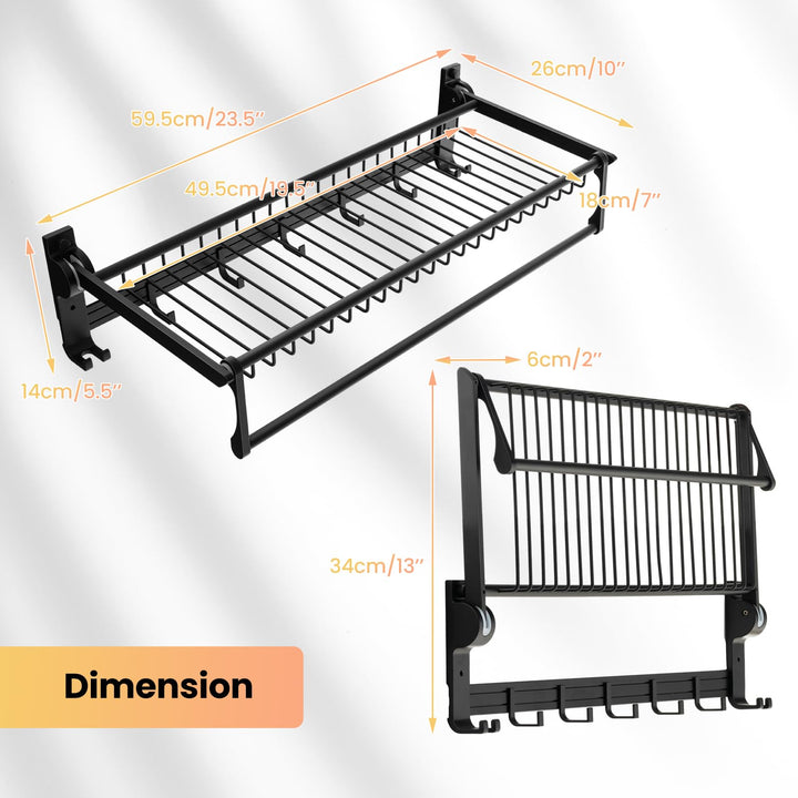 Giantex Foldable Towel Rack for Bathroom, Wall Mounted Towel Holder Organizer w/ 1 Basket, 1 Towel Bar &amp; 5 Sliding Hooks