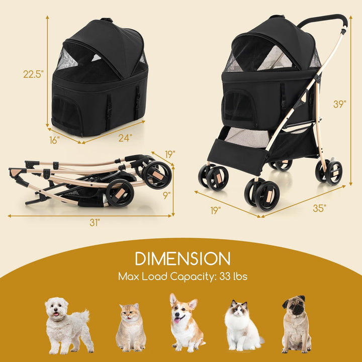 Giantex Pet Stroller 3-in-1, Folding Dog Stroller Detachable Carrier Car Seat (Black &amp; Gold)