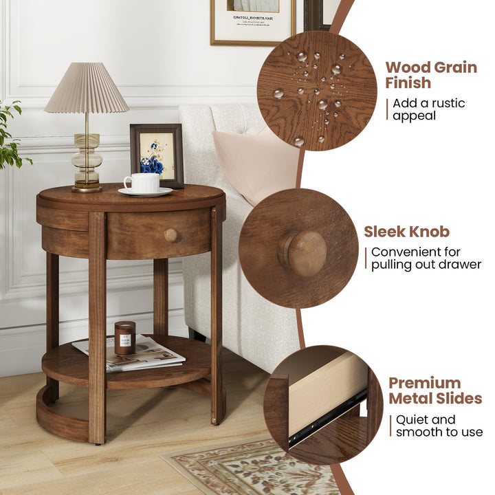 Giantex Round Side Tables Set of 1/2 | 2-Tier Retro End Tables with Drawer &amp; Shelf
