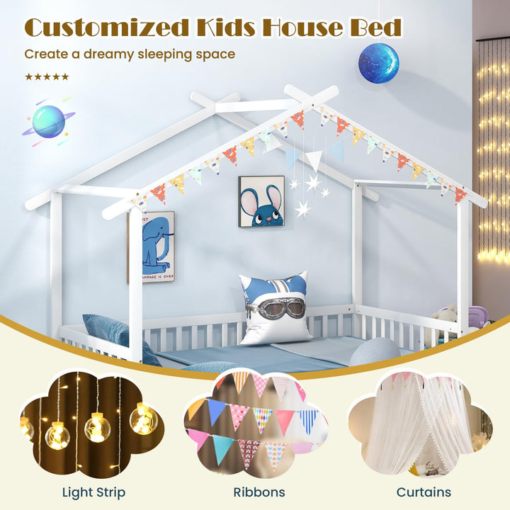 Giantex Extendable House Bed for Kids, Twin to King Daybed with Roof &amp; Fence Rails, Wood Kids Bed Frame for Teens