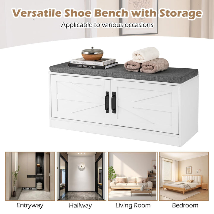 Giantex Shoe Storage Bench with Cushion, 2-Tier Entryway Bench w/2 Barn Doors &amp; 2 Adjustable Shelves