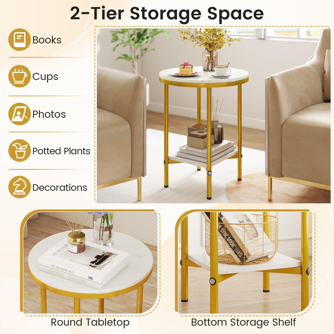 Giantex Round Side Table 2-Tier Faux Marble Sofa Side Coffee Table w/Gold Frame &amp; Open Shelf
