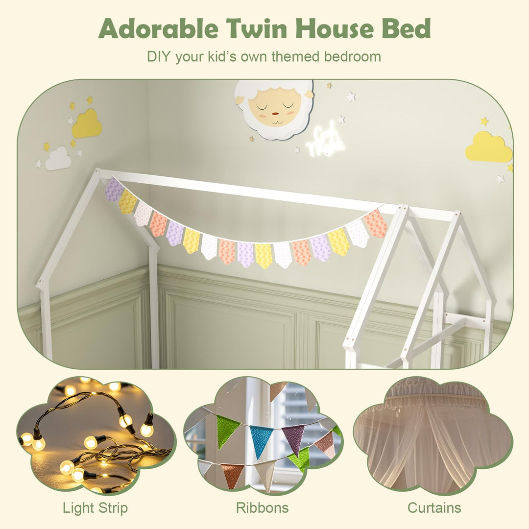 Giantex Twin House Floor Bed, Solid Wood Montessori Floor Bed with Detachable Storage Shelf &amp; Clothes Hanger