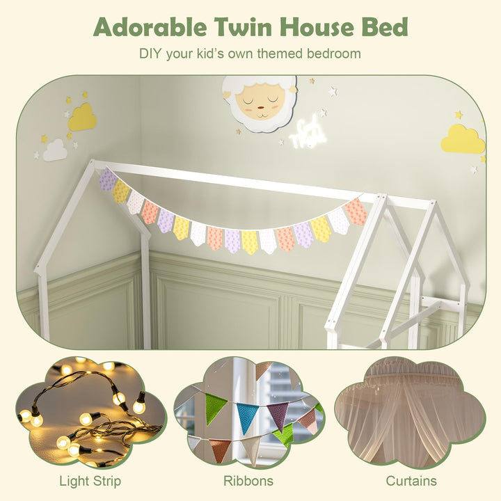 Giantex Twin House Floor Bed, Solid Wood Montessori Floor Bed with Detachable Storage Shelf &amp; Clothes Hanger