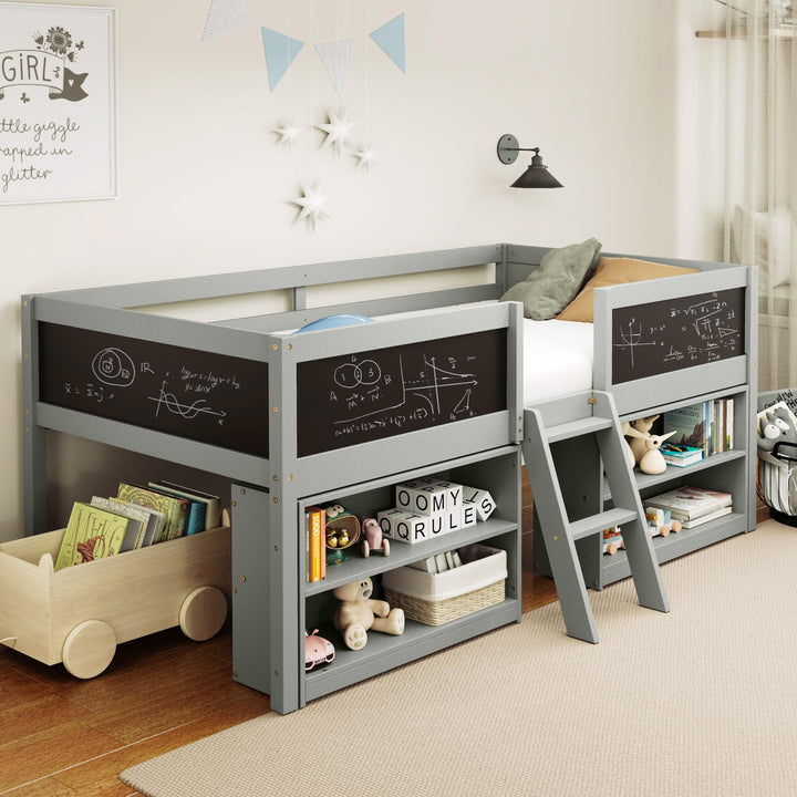 Giantex Low Loft Bed Twin Size, Wooden Loft Bed with Ladder &amp; Blackboard
