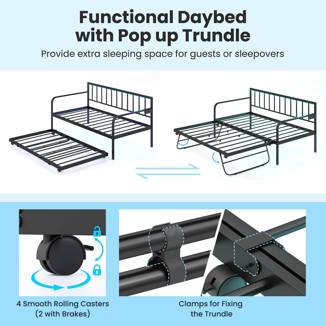 Giantex Twin Daybed with Trundle, Metal Day Bed with Charging Station &amp; LED Lights
