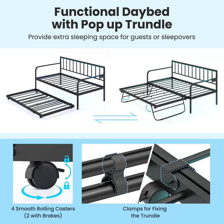 Giantex Twin Daybed with Trundle, Metal Day Bed with Charging Station &amp; LED Lights