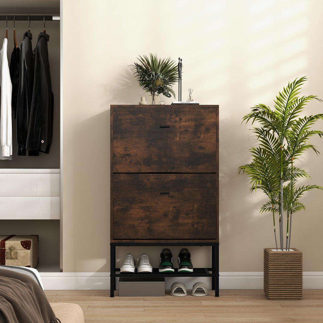 Giantex Shoe Storage Cabinet - Hidden Shoe Organizer with 2 Flip Drawers, Adjustable &amp; Removable Interior Shelves