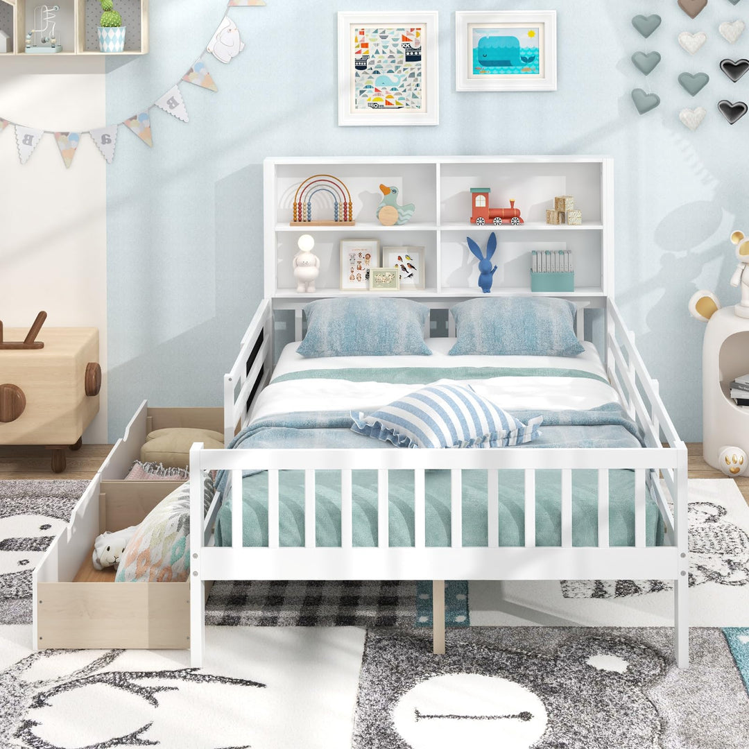 Giantex Full/Twin Size 2 Storage Drawers, Solid Wood Kids Bed Frame w/Bookcase Headboard &amp; Blackboard