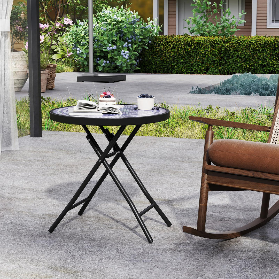 Giantex Folding Outdoor Side Table - 18” Round End Table with Tempered Glass Tabletop &amp; Metal Frame