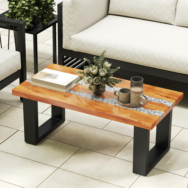 Giantex Teak Outdoor Coffee Table, Rectangular Resin Side Table with River Feel Epoxy Tabletop