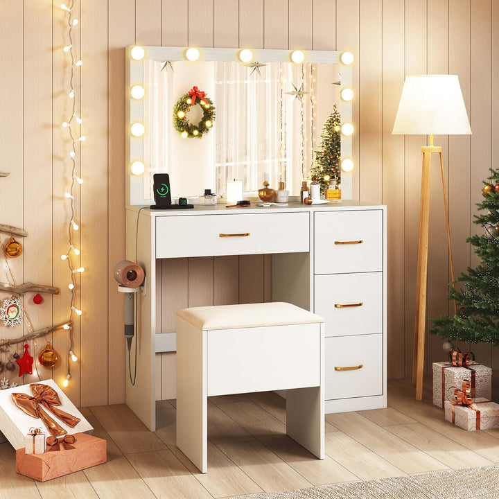 CHARMAID Vanity Desk with Mirror and Lights Makeup Dressing Table with Power Outlets