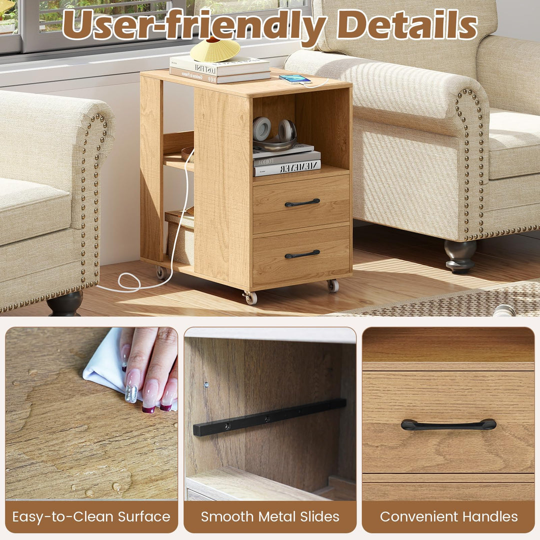 Giantex End Table with Charging Station - Night Stand on Wheels