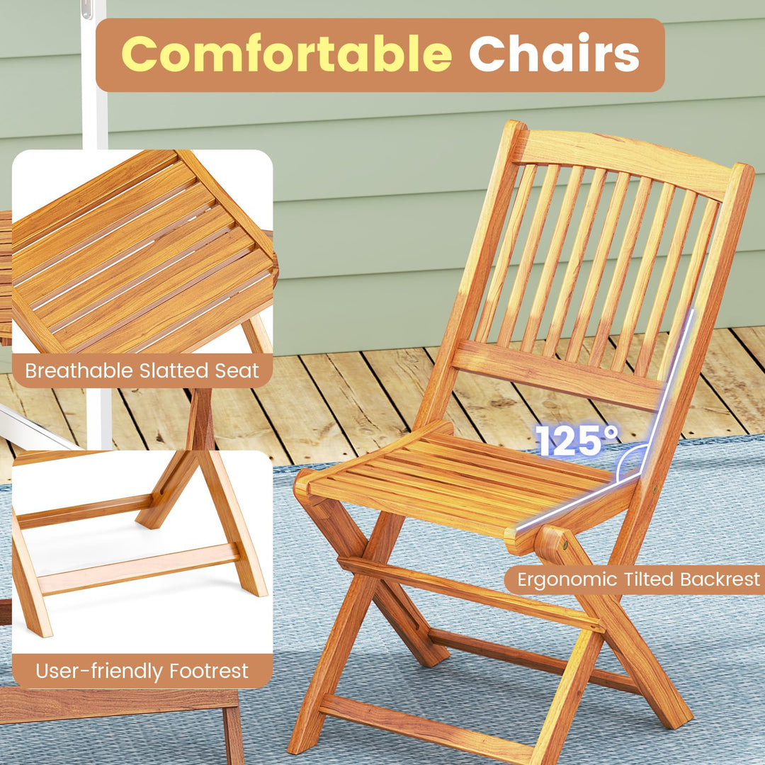 Giantex Patio Bistro Set 3 Pieces, Outdoor Acacia Wood Folding Table &amp; Chairs Set with 2 Padded Cushions