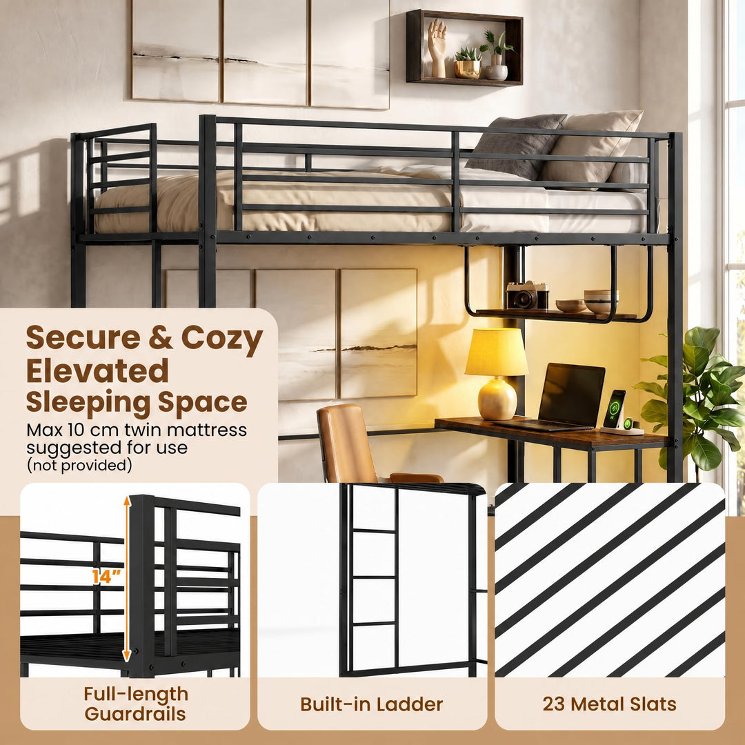 Giantex Twin Loft Bed with Desk LED Lights &amp; Charging Station