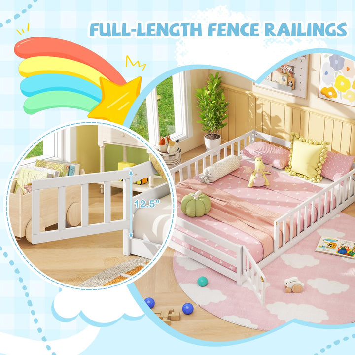 Giantex Floor Bed with Door &amp; Fence Kids Wood Montessori Beds with Safety Guardrails