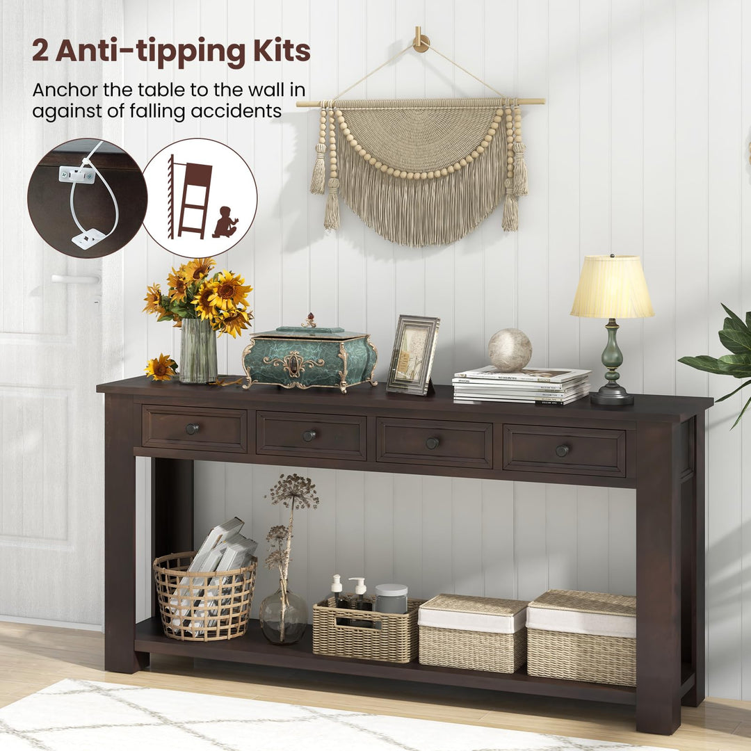 Giantex 63" Farmhouse Entryway Table, Narrow Console Table w/ 4 Storage Drawers &amp; Open Shelf
