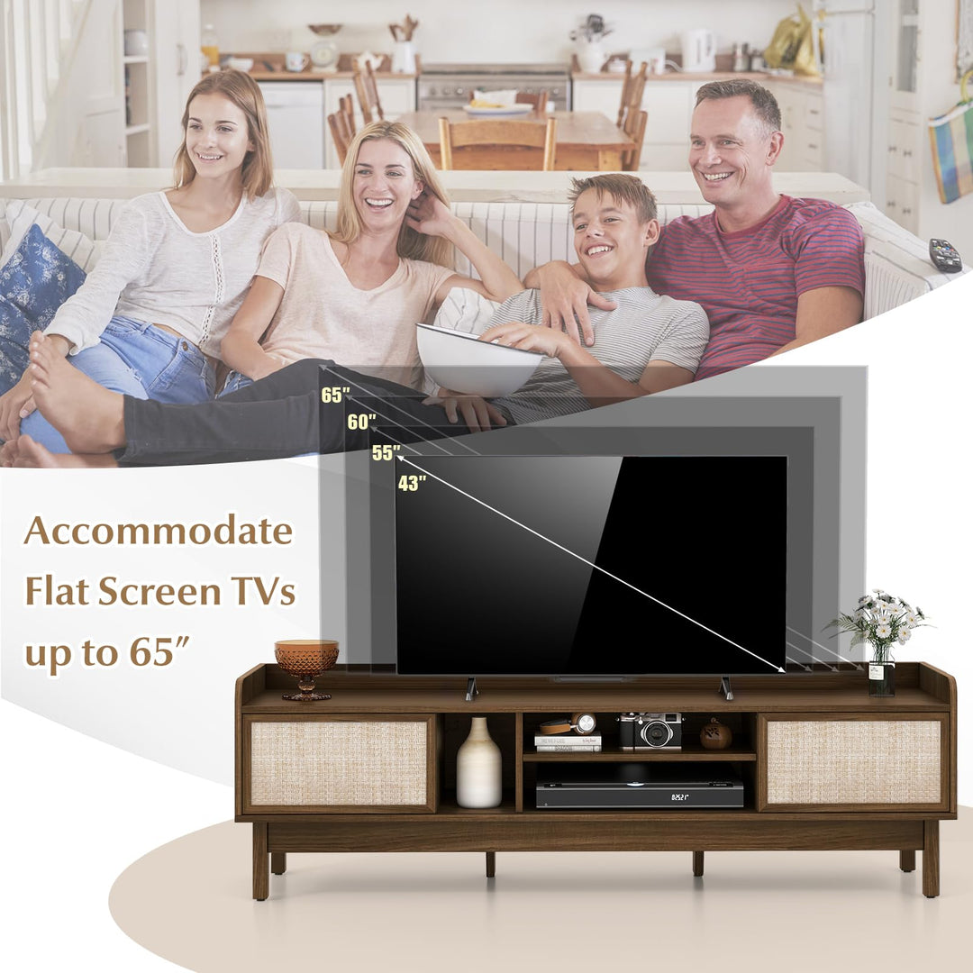 Giantex TV Stand for 65” TV, Entertainment Center with Woven Doors, Sliding Door, Adjustable Shelf &amp; Compartment