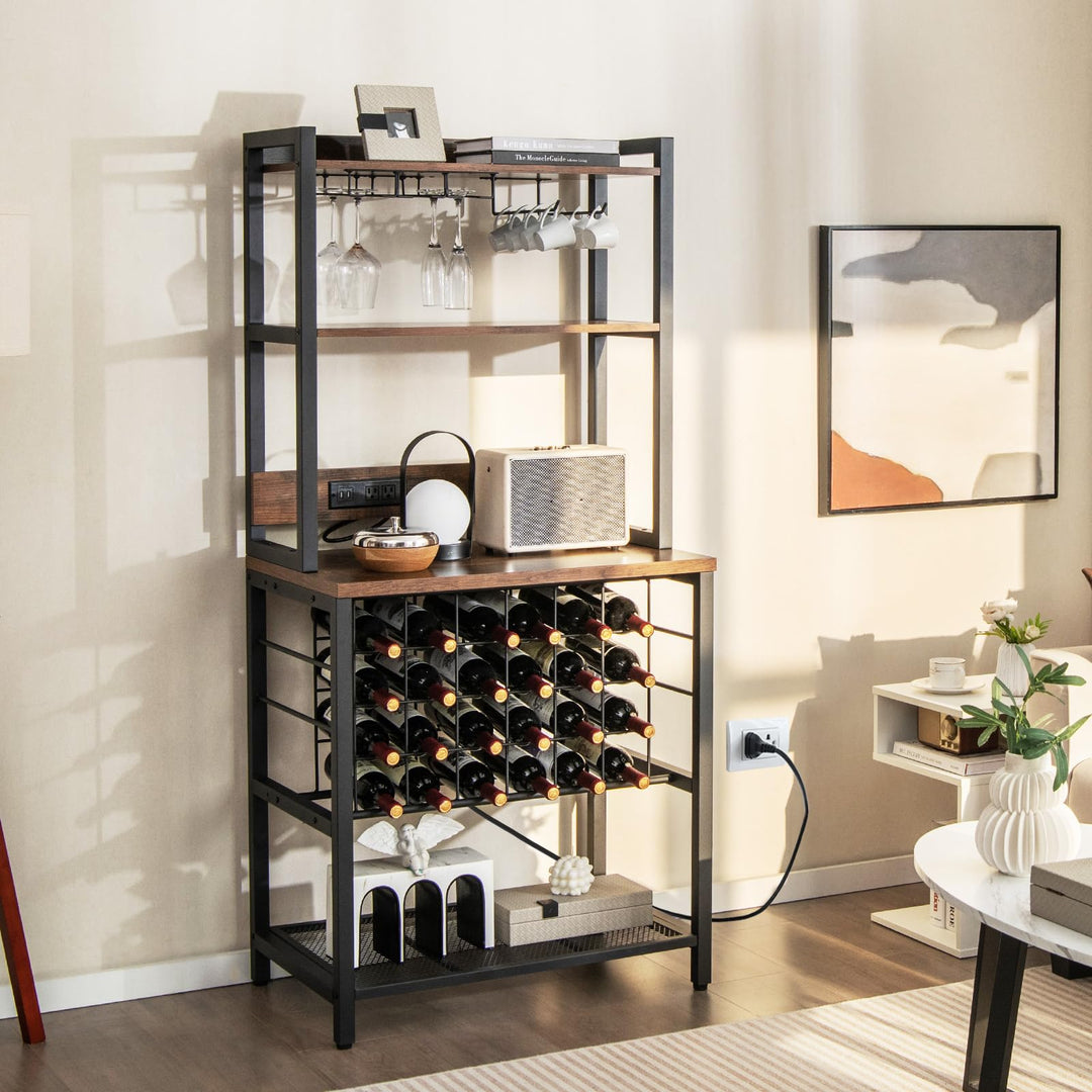 Giantex Bakers Rack with Storage Hutch, Power Outlet &amp; USB Port, Coffee Bar 24-Bottle Wine Rack &amp; Glass Holder