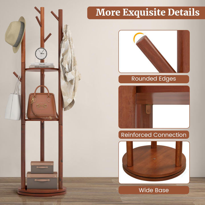 Giantex Coat Rack Freestanding, Wooden Rotary Coat Tree w/ 3 Display Storage Shelves &amp; 9 Hooks