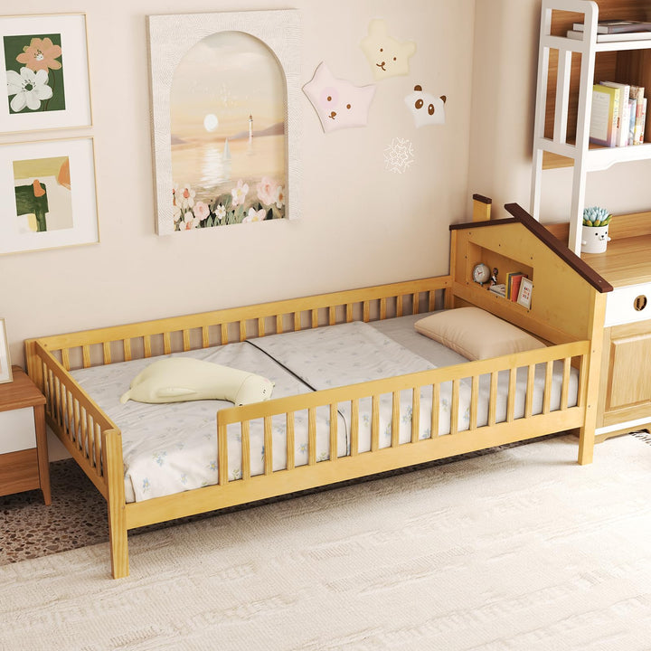 Giantex Twin Bed Frames for Kids, Solid Wood Montessori Bed with House-Shaped Headboard &amp; Built-in Storage Shelf