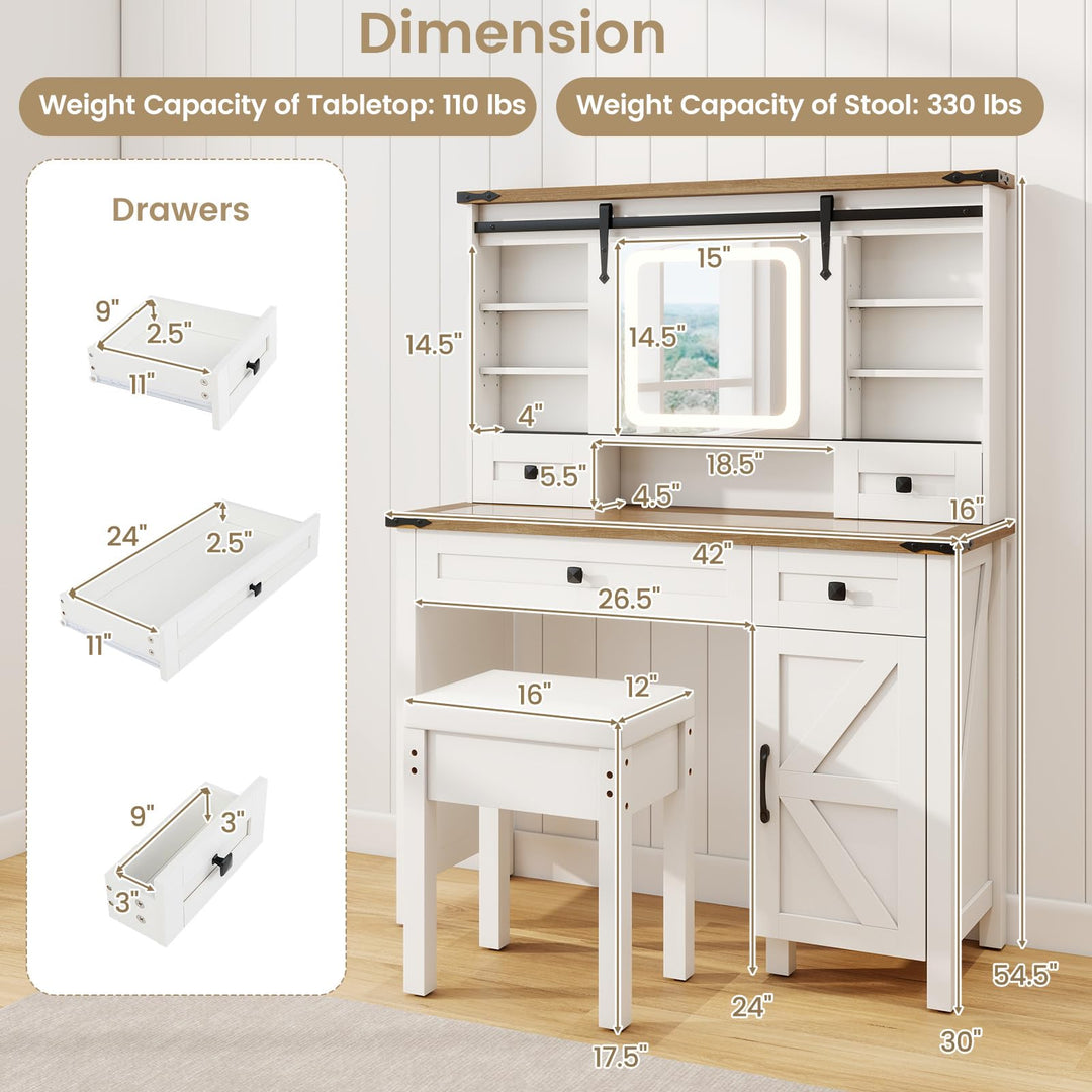 CHARMAID Farmhouse Vanity Desk with Barn-Style Sliding Mirror, Lights &amp; Stool (42" Wide,White &amp; Brown)