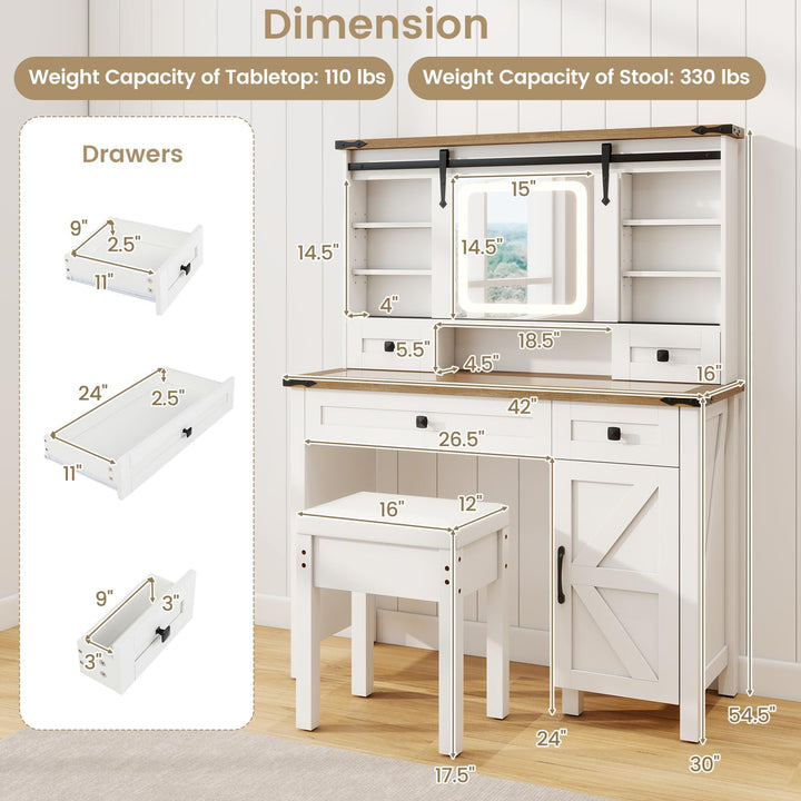 CHARMAID Farmhouse Vanity Desk with Barn-Style Sliding Mirror, Lights &amp; Stool (42" Wide,White &amp; Brown)