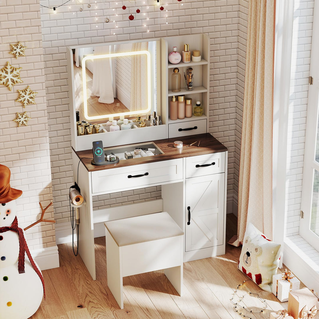 CHARMAID Glass Top Vanity Desk with Lighted Mirror Storage Stool &amp; Drawers